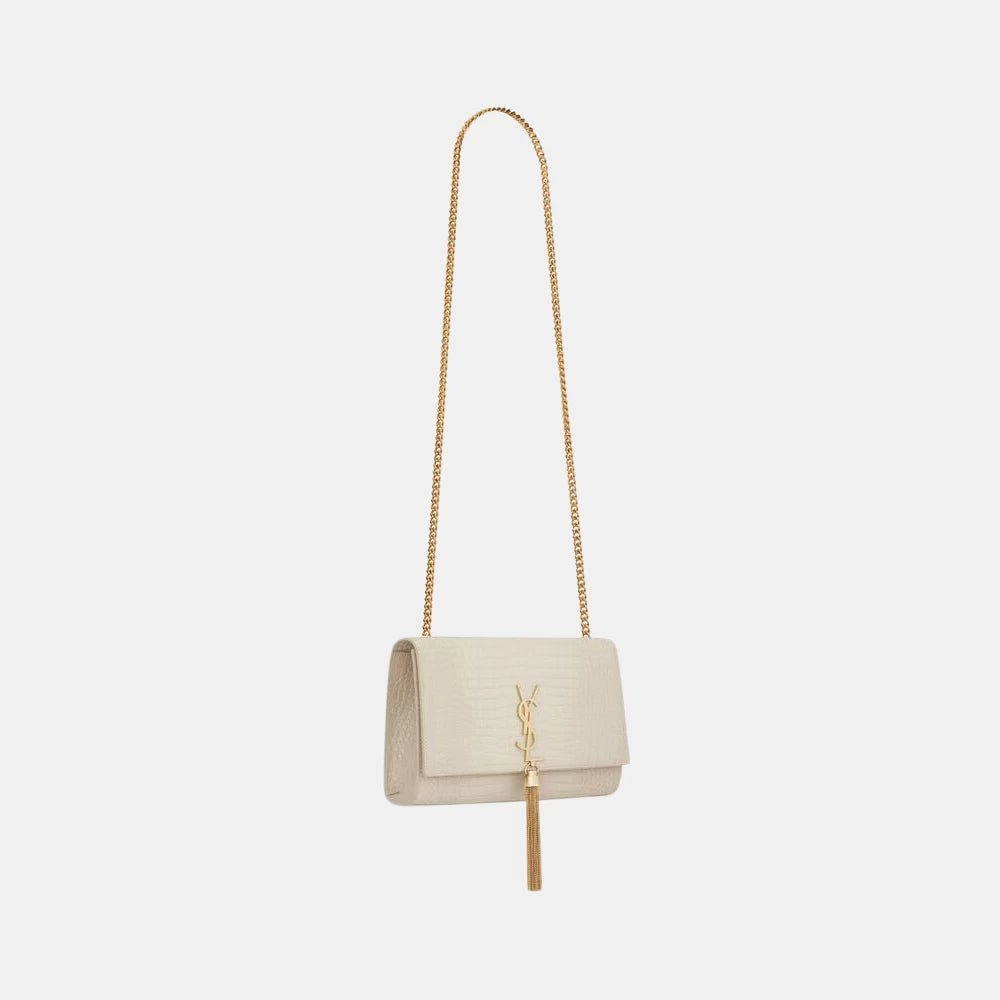 Saint Laurent Kate Medium Tassel In Croc - Embossed Leather (White) - DIVA ONLINE STORE