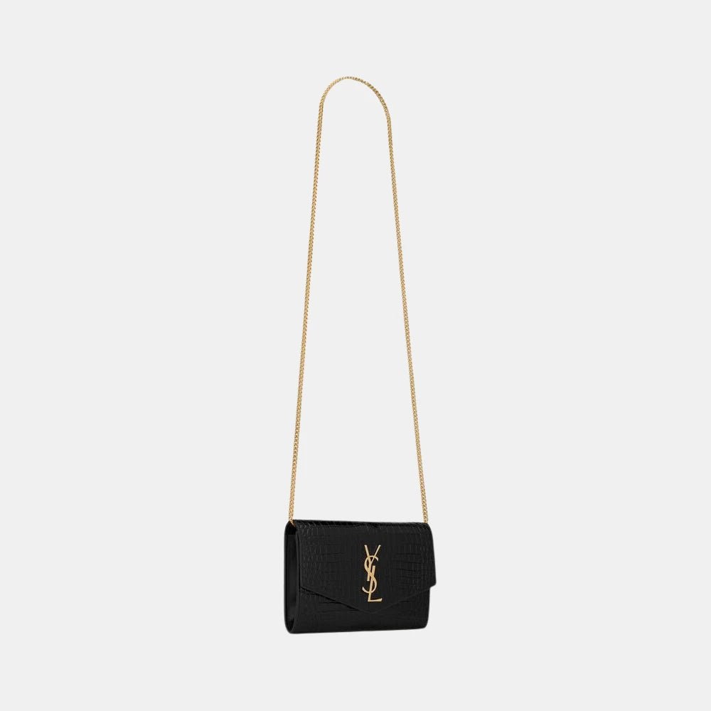 Saint Laurent Uptown Chain Wallet in Croc - Embossed Leather (Black) - DIVA ONLINE STORE