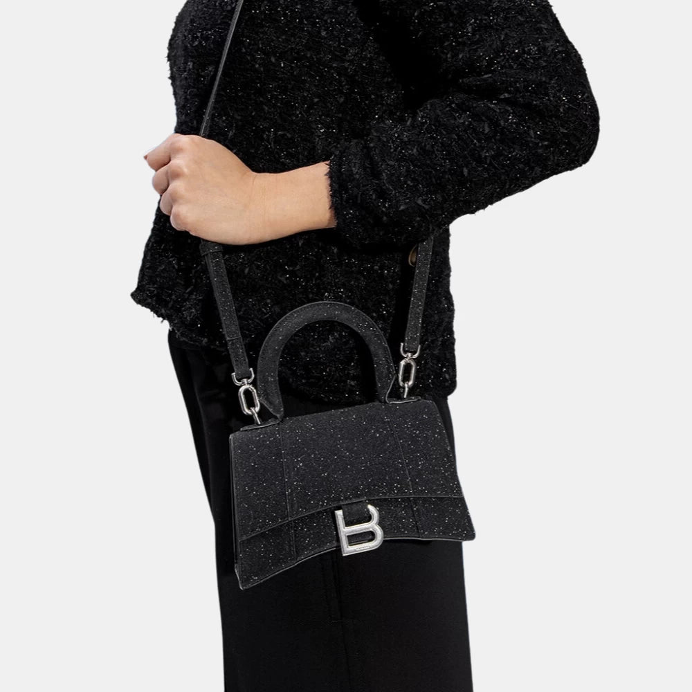 Balenciaga Hourglass XS Glitter Fabric Top Handle Bag (Black) - DIVA ONLINE STORE
