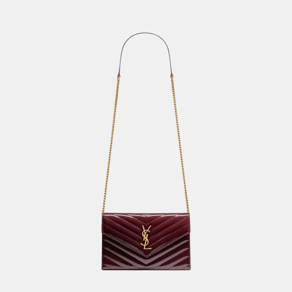 Saint Laurent Cassandre Chain Wallet in Patent Leather (Dark Red) - DIVA ONLINE STORE