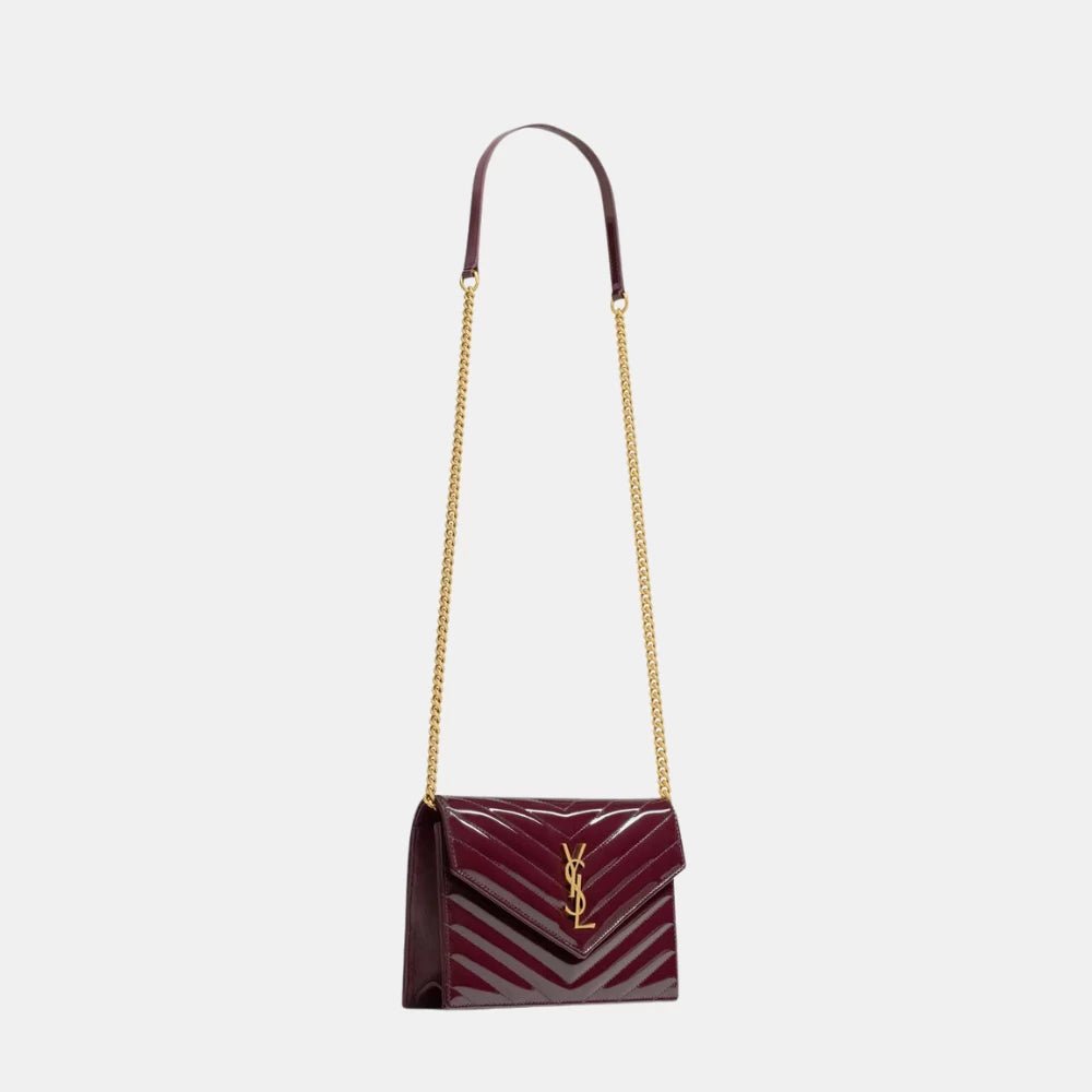 Saint Laurent Cassandre Chain Wallet in Patent Leather (Dark Red) - DIVA ONLINE STORE