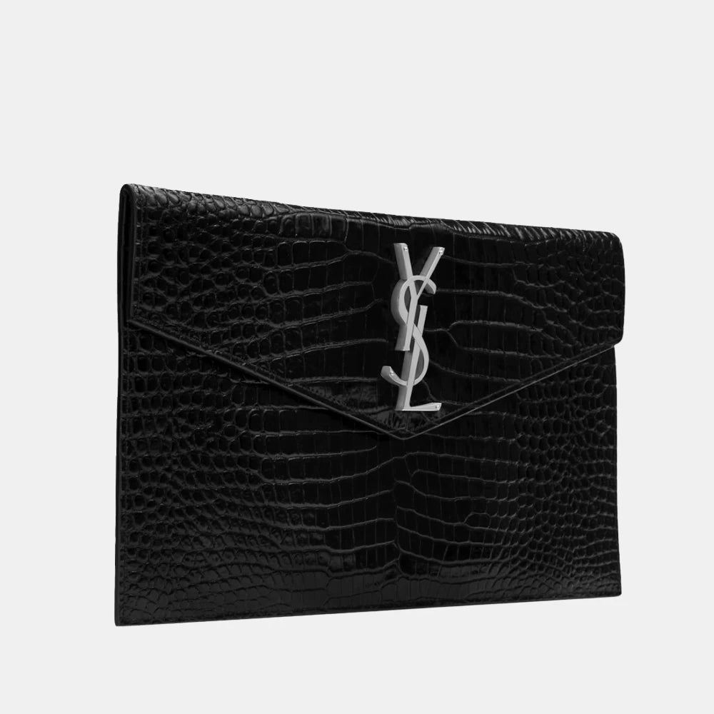 Saint Laurent Uptown Croc - Embossed Clutch (Black/Silver) - DIVA ONLINE STORE