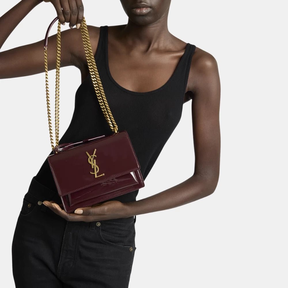 Saint Laurent Sunset Small Patent Leather Shoulder Bag (Red Wine) - DIVA ONLINE STORE