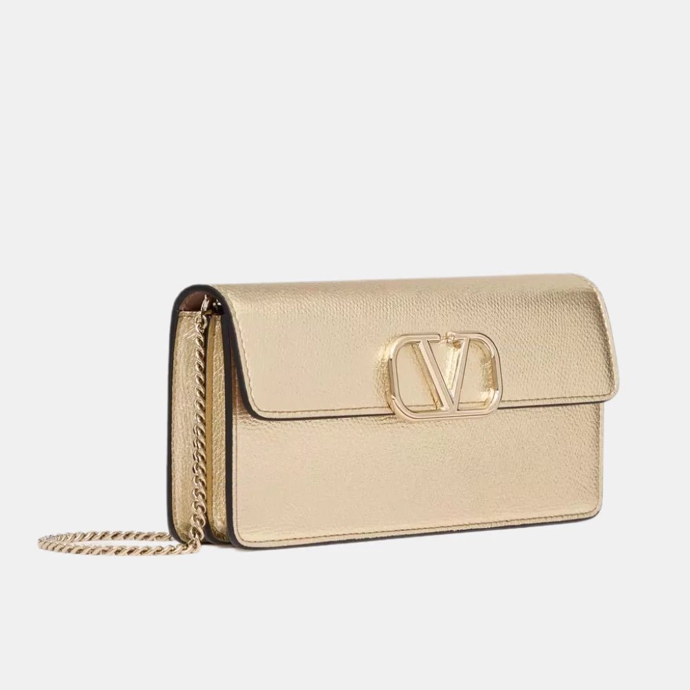 Valentino Vlogo Signature Metallic Grainy Calfskin Wallet With Chain - DIVA ONLINE STORE