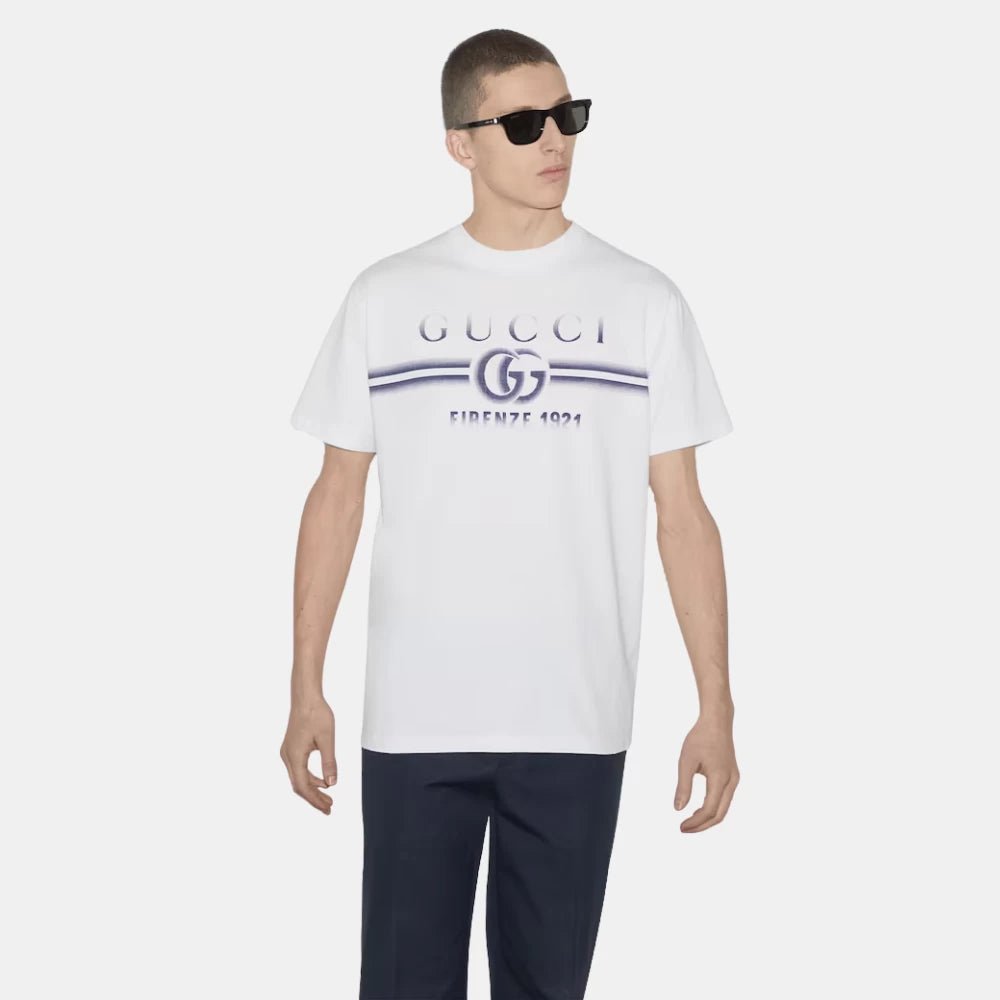 Gucci T-Shirt With Blue Gucci Print - DIVA ONLINE STORE
