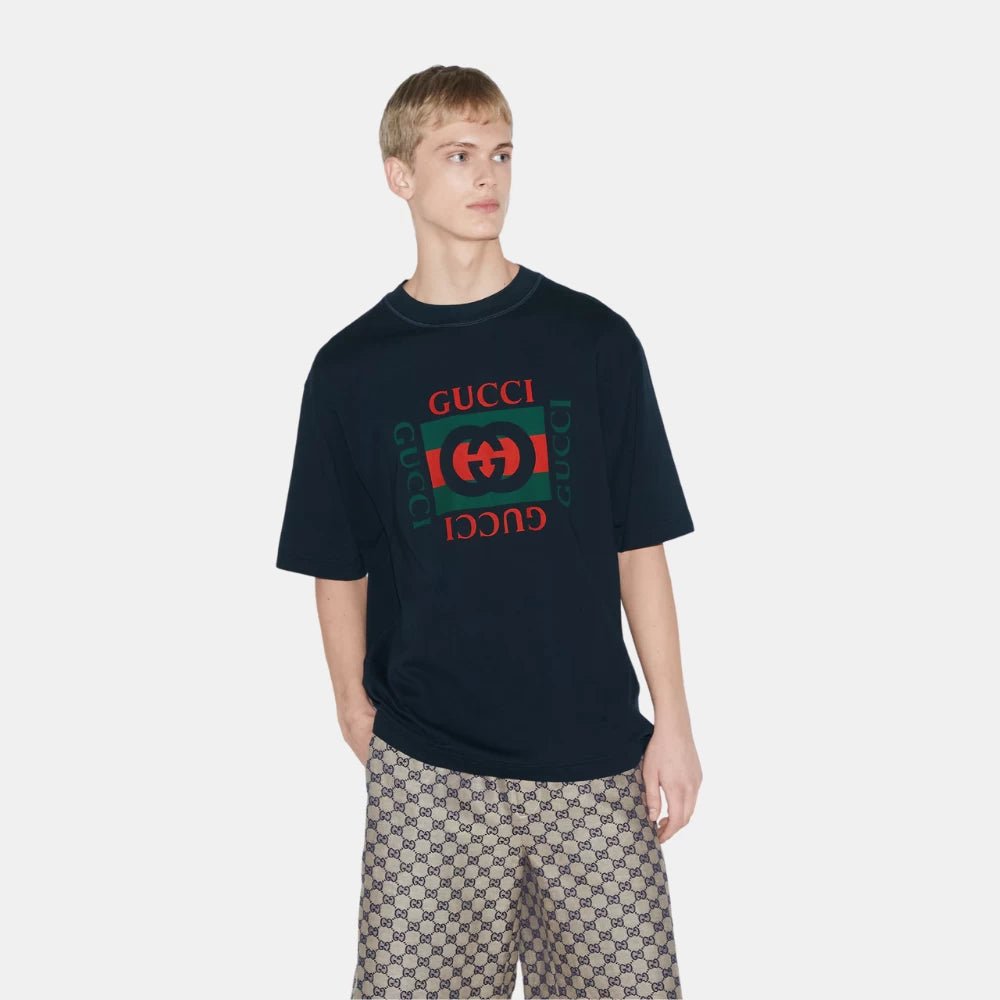 Gucci Navy T-Shirt With Gucci Print - DIVA ONLINE STORE
