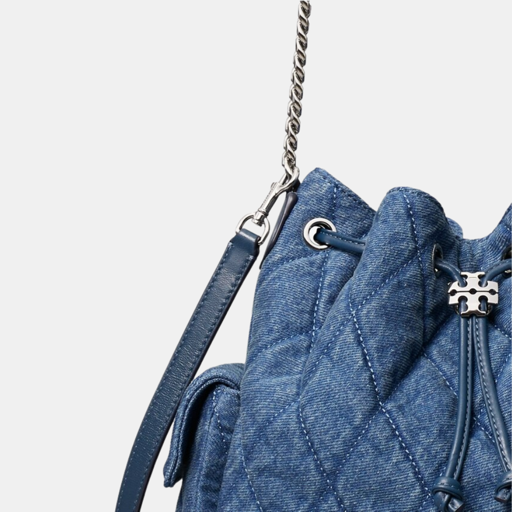 Tory Burch Charlie Quilted Denim Drawstring Shoulder Bag