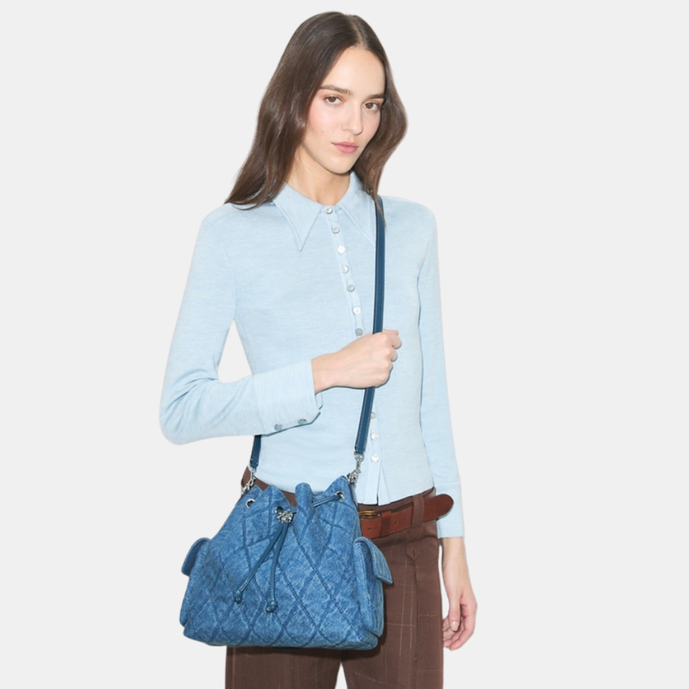 Tory Burch Charlie Quilted Denim Drawstring Shoulder Bag