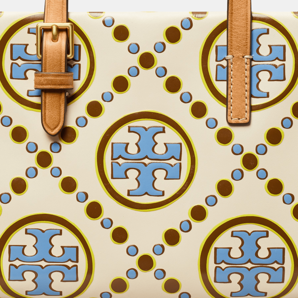 Tory Burch Mini T Monogram Contrast Embossed Square Tote (New Ivory/Dauphin Blue) - DIVA ONLINE STORE