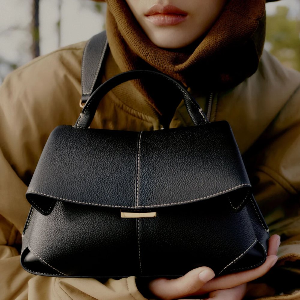 Polène Mokki Mini Edition Textured Black with Ecru Stitching