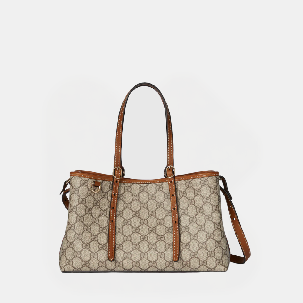Gucci GG Emblem Medium Tote Bag In Beige And Dark Brown Fabric