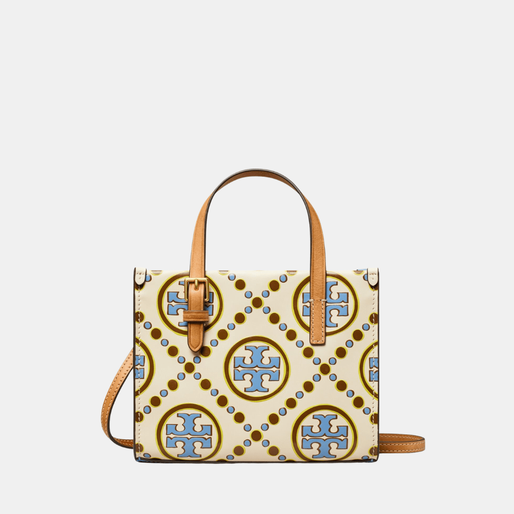 Tory Burch Mini T Monogram Contrast Embossed Square Tote (New Ivory/Dauphin Blue) - DIVA ONLINE STORE