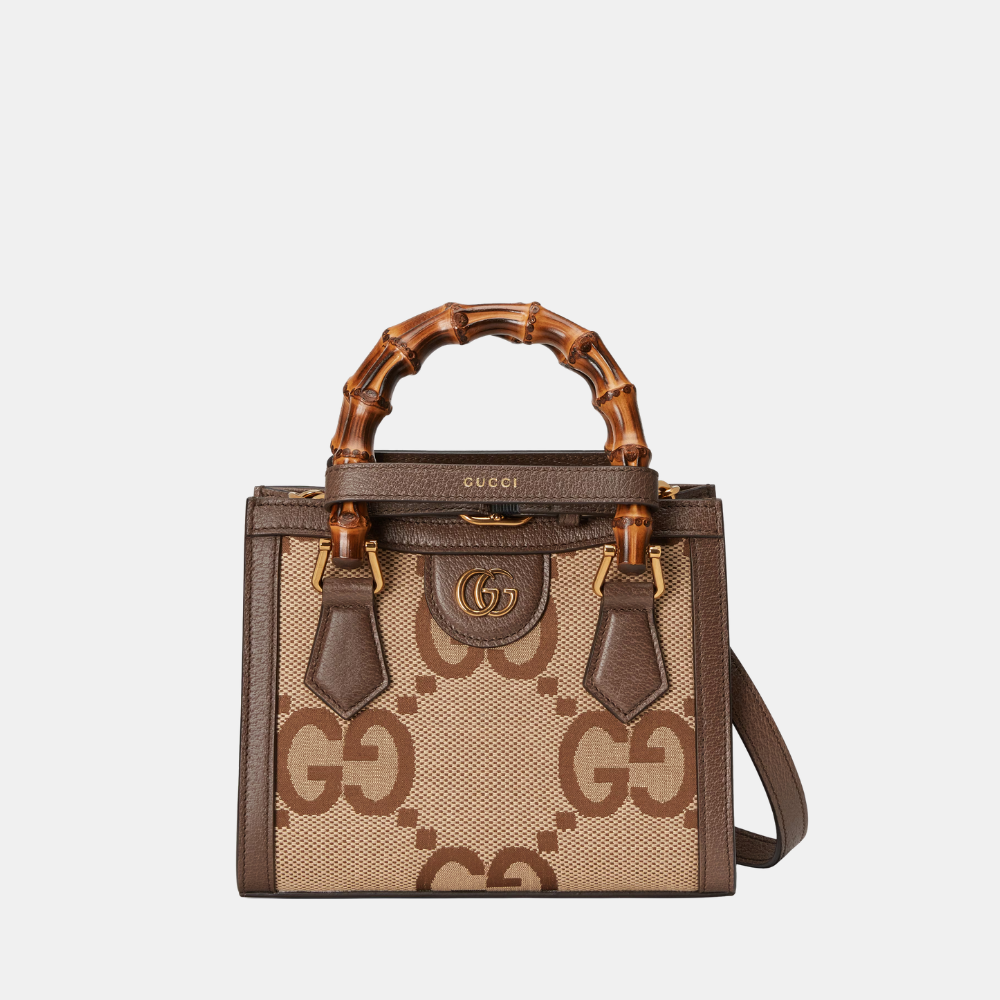 Gucci Diana Jumbo GG Mini Tote Bag In Camel And Ebony Canvas