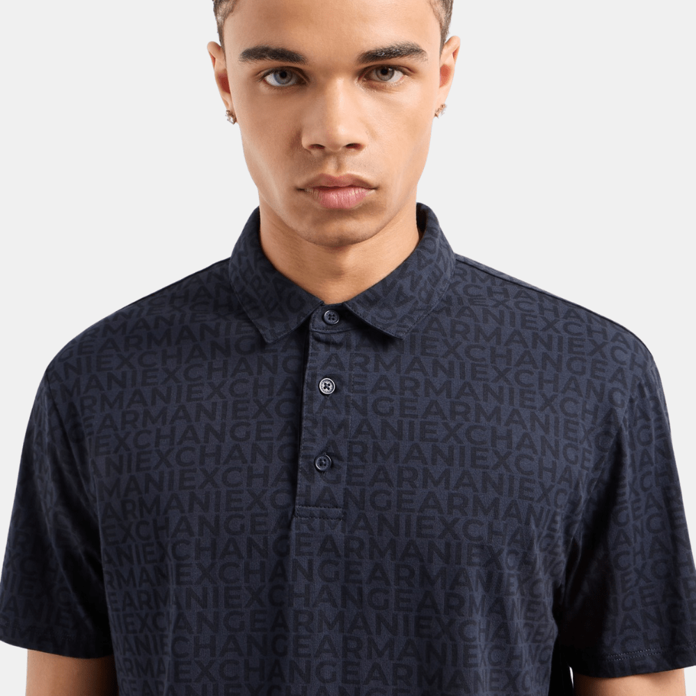 Armani Exchange Patterned Polo With All Over Logo (Navy) - DIVA ONLINE STORE