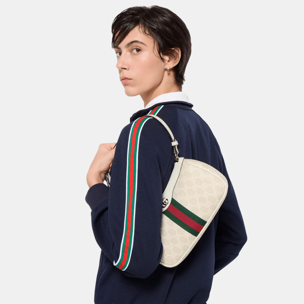 Gucci Ophidia Small Shoulder Bag In Beige And White GG Fabric - DIVA ONLINE STORE