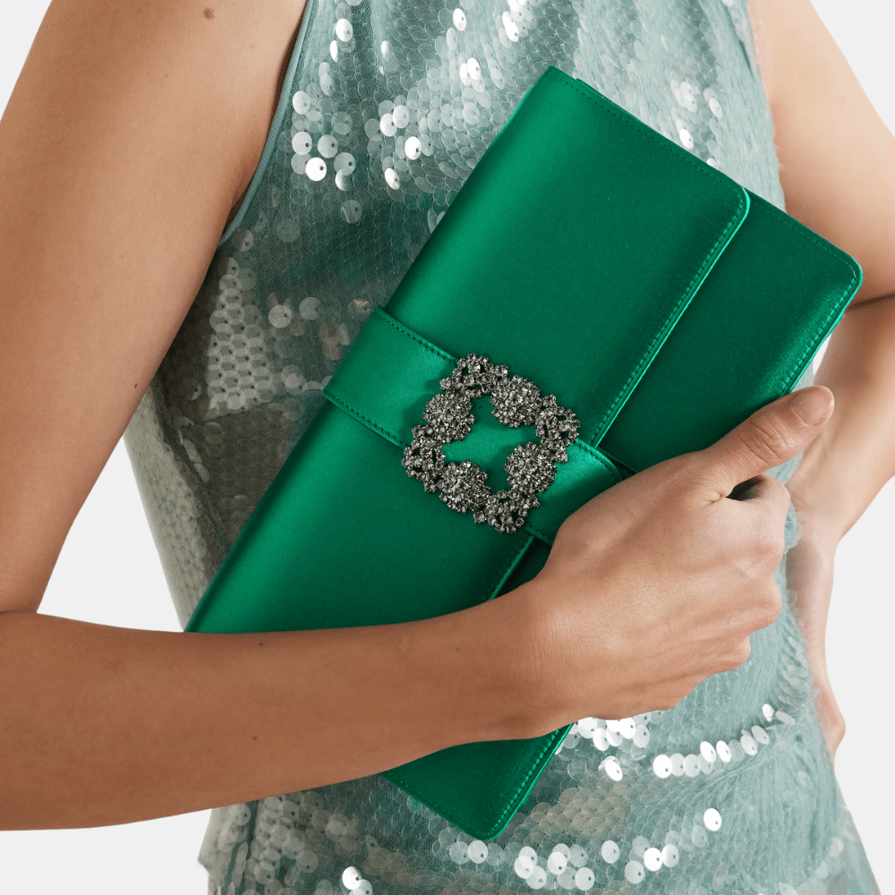 Manolo Blahnik Capri Green Satin Jewel Buckle Clutch - DIVA ONLINE STORE