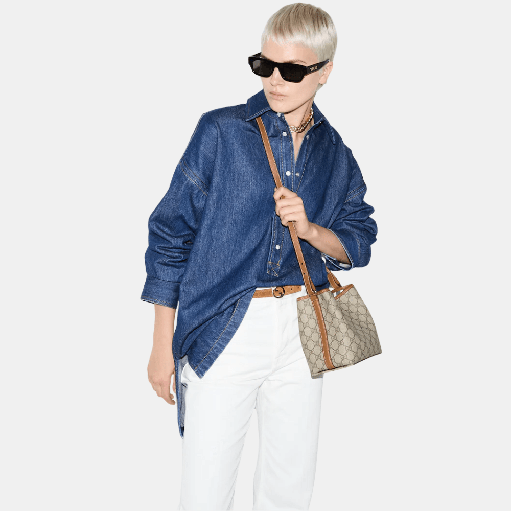 Gucci GG Emblem Small Bucket Bag In Beige And Dark Brown Fabric - DIVA ONLINE STORE