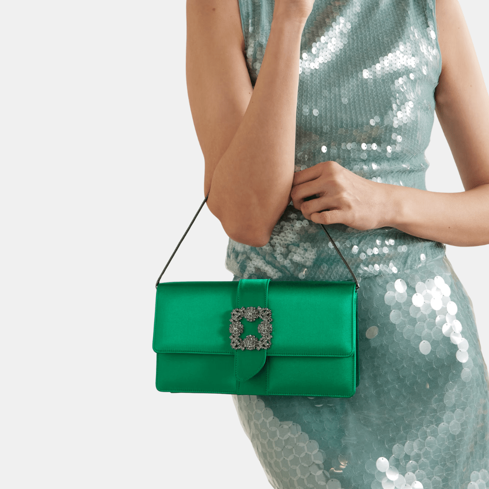 Manolo Blahnik Capri Green Satin Jewel Buckle Clutch - DIVA ONLINE STORE