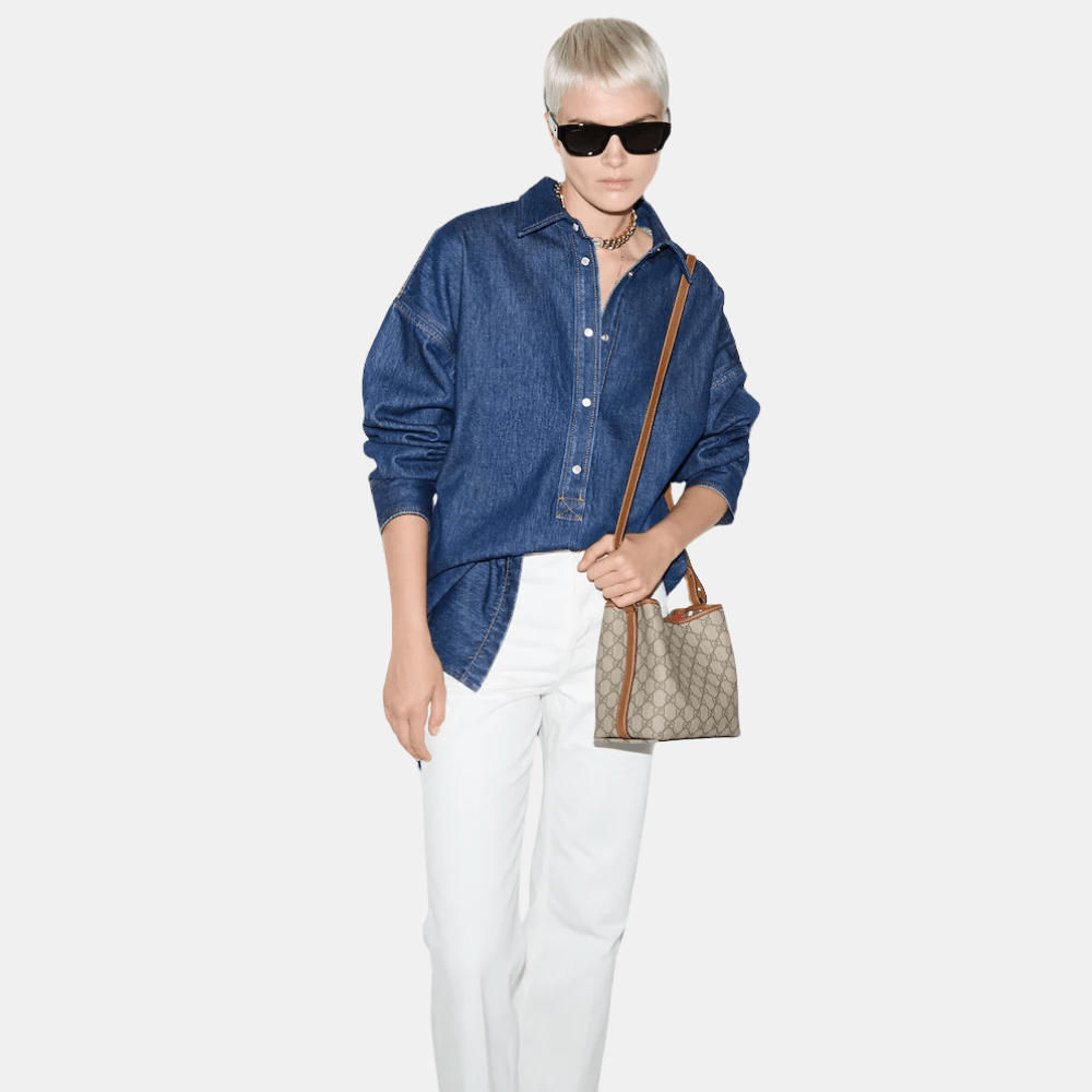 Gucci GG Emblem Small Bucket Bag In Beige And Dark Brown Fabric - DIVA ONLINE STORE