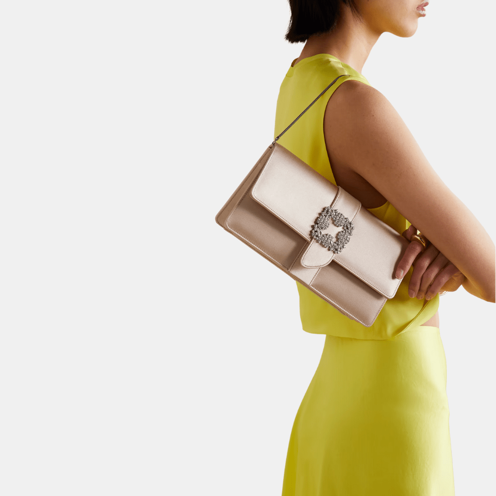 Manolo Blahnik Capri Beige Satin Jewel Buckle Clutch - DIVA ONLINE STORE