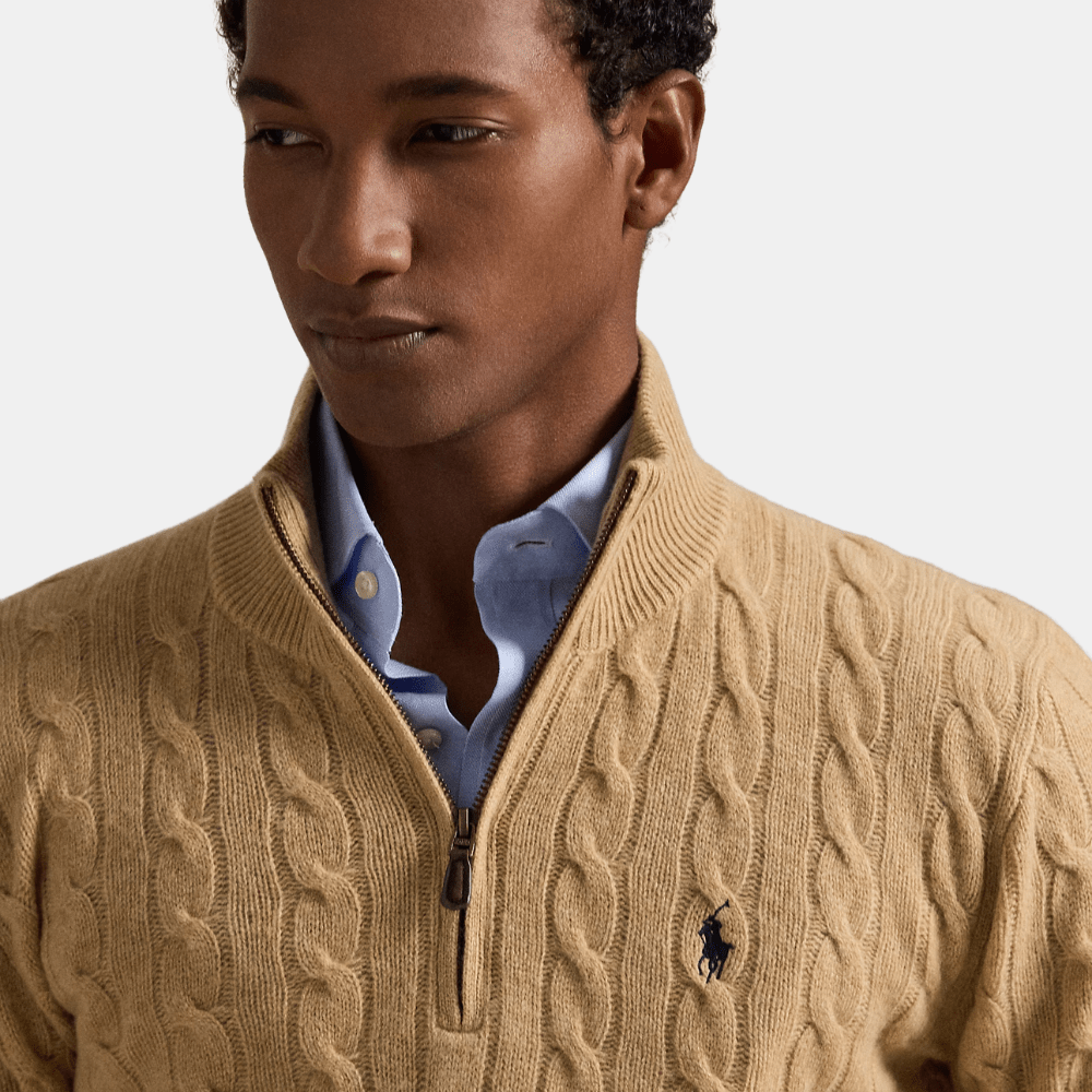 Ralph Lauren Cable-Knit Quarter-Zip Jumper (Camel Melange) - DIVA ONLINE STORE