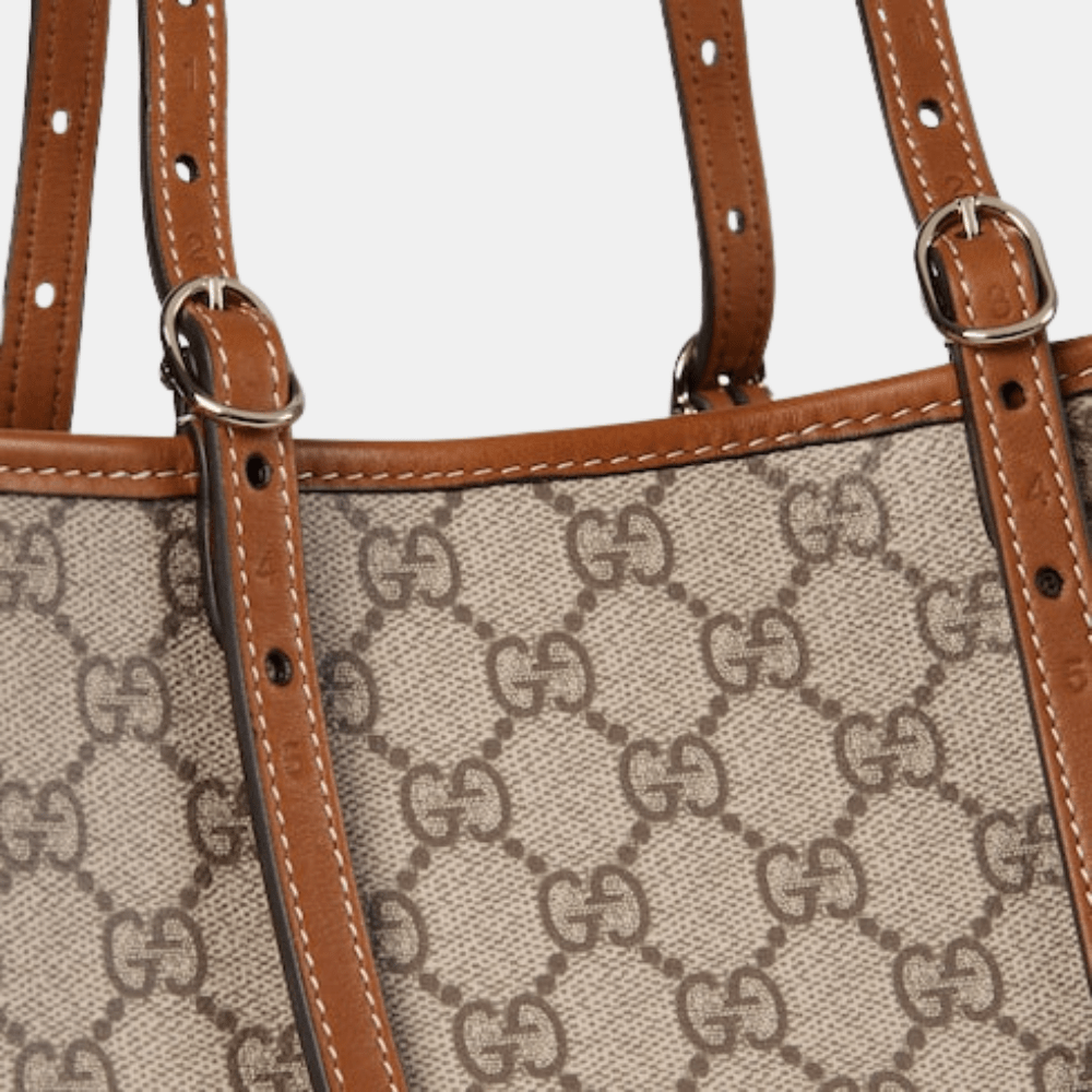 Gucci GG Emblem Medium Tote Bag In Beige And Dark Brown Fabric - DIVA ONLINE STORE