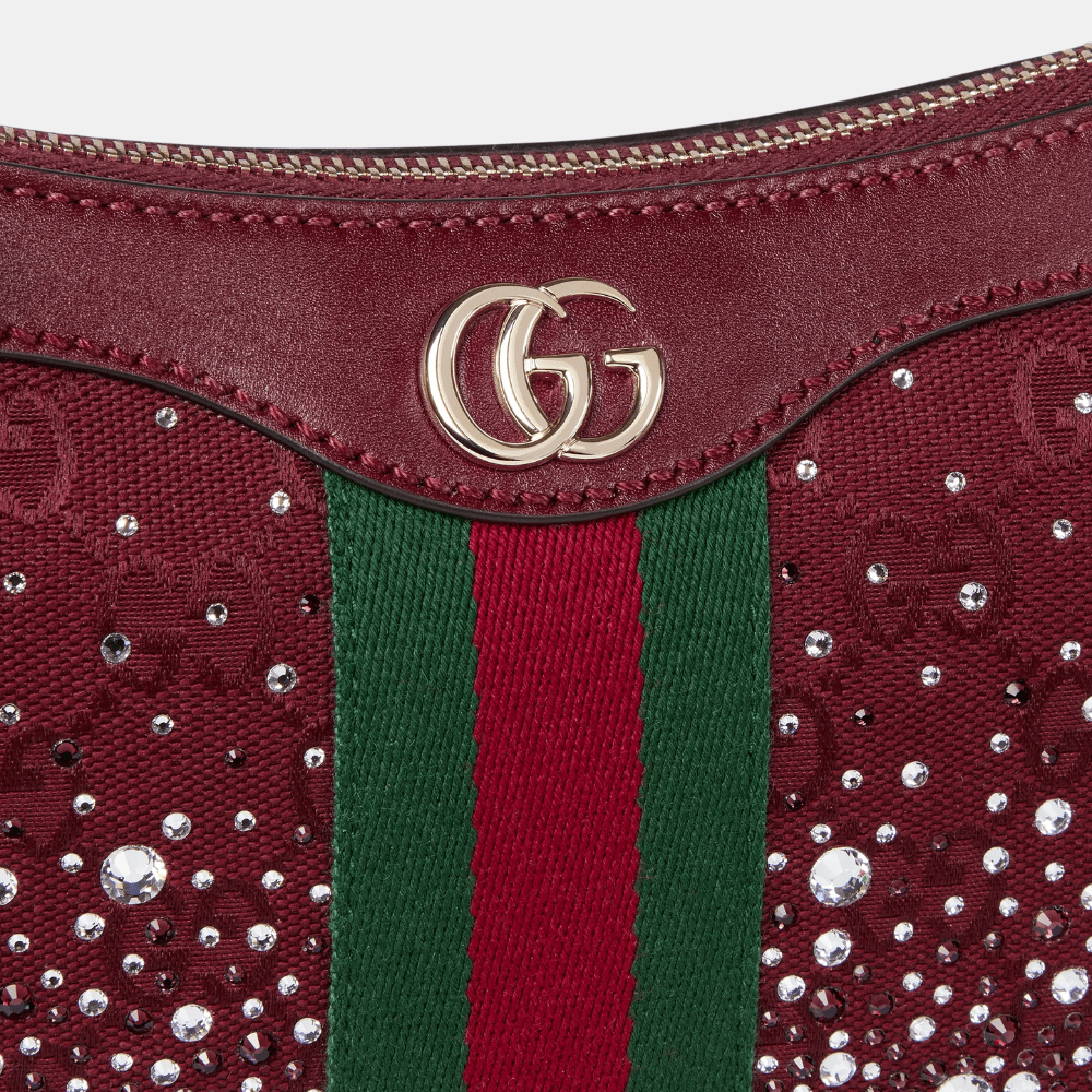 Gucci Ophidia Crystals Small Shoulder Bag In Rosso Ancora Red GG Canvas - DIVA ONLINE STORE