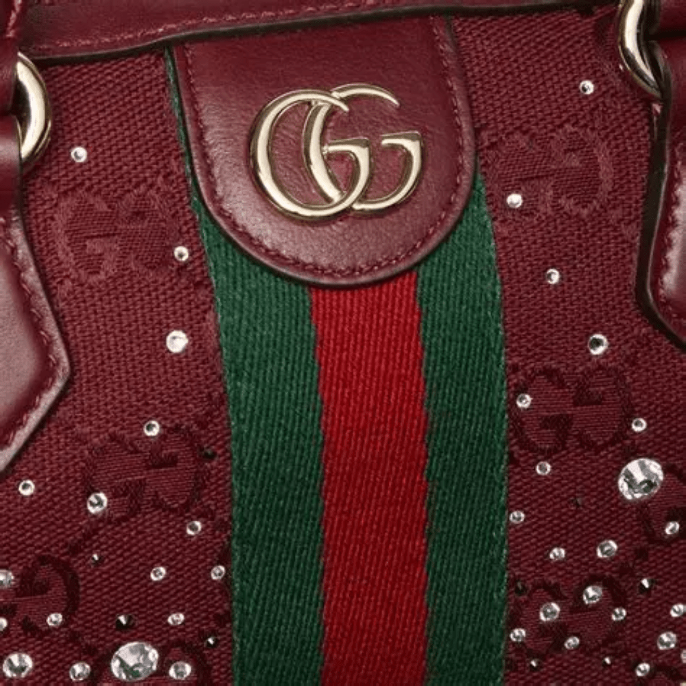 Gucci Ophidia Crystals Small Boston Bag In Rosso Ancora Red GG Canvas - DIVA ONLINE STORE