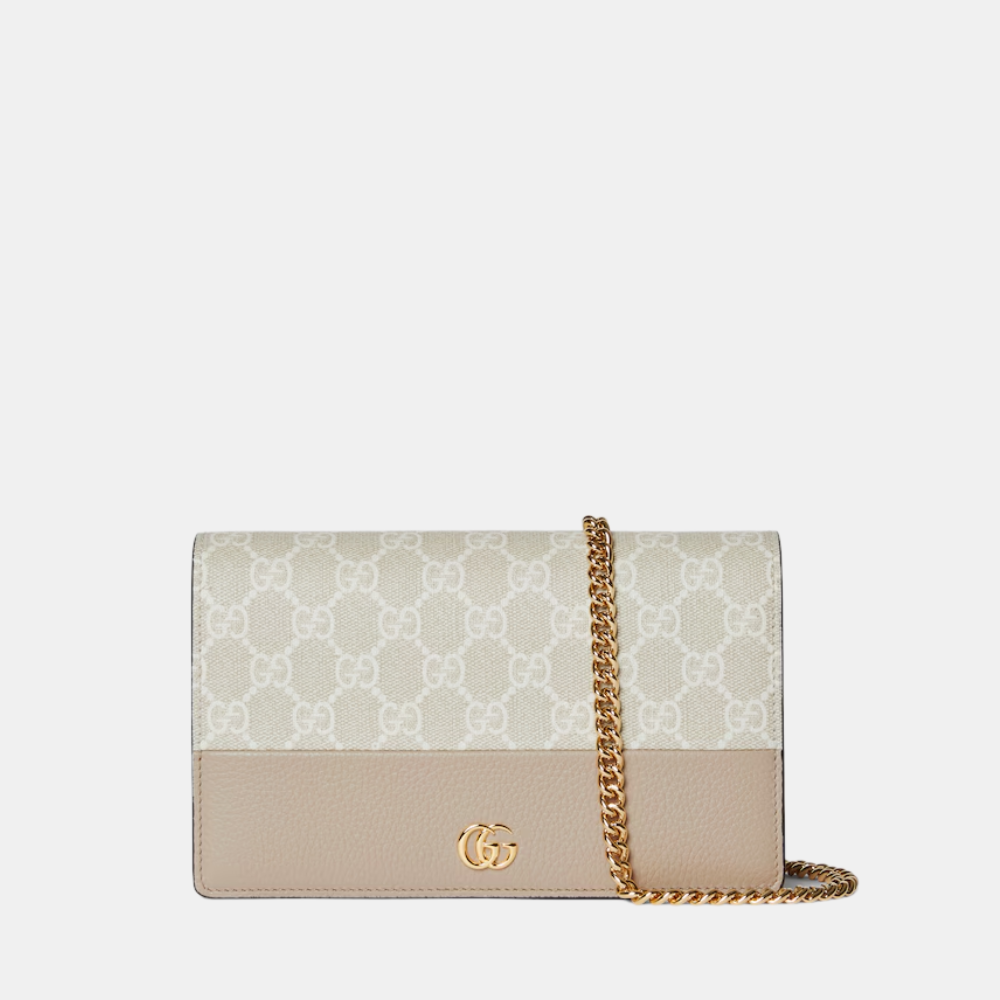 Gucci Bi-Color GG Marmont Wallet On Chain In Beige And White Leather