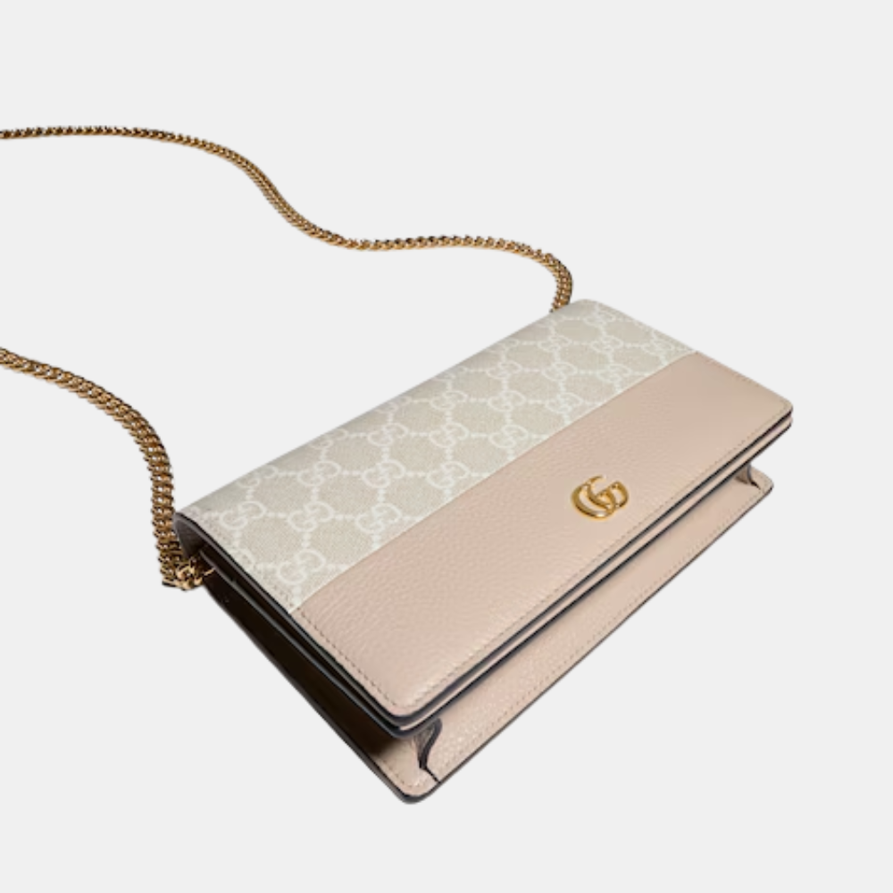 Gucci Bi-Color GG Marmont Wallet On Chain In Beige And White Leather