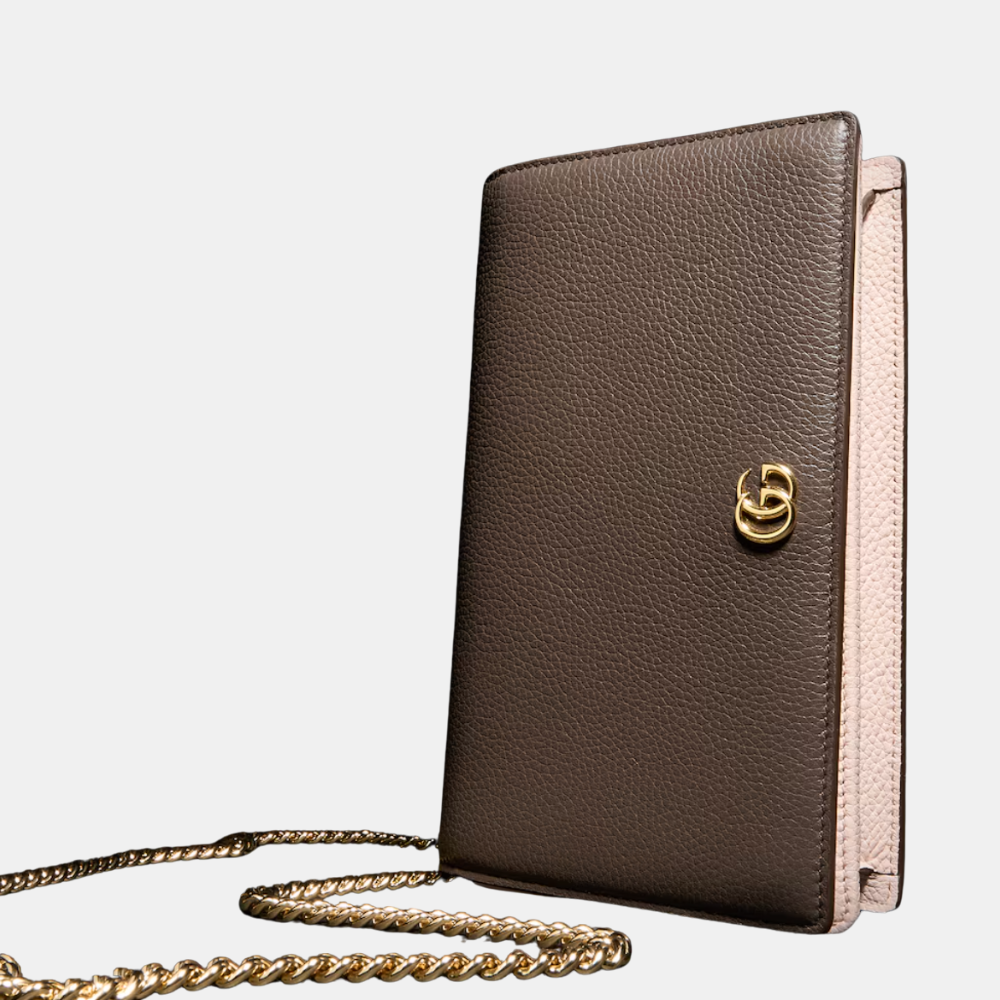 Gucci Bi-Color GG Marmont Wallet On Chain In Dark Taupe Leather