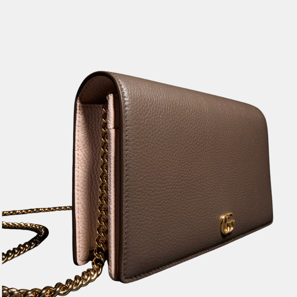Gucci Bi-Color GG Marmont Wallet On Chain In Dark Taupe Leather
