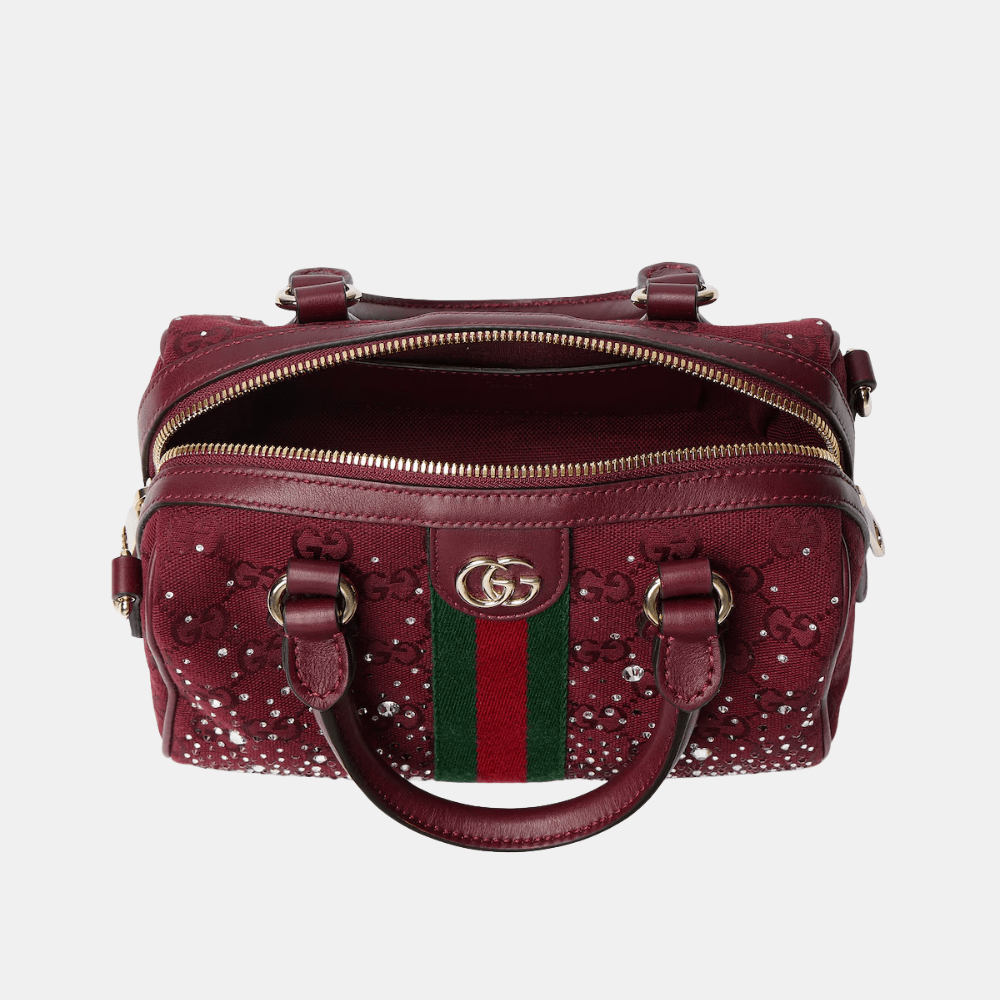 Gucci Ophidia Crystals Small Boston Bag In Rosso Ancora Red GG Canvas - DIVA ONLINE STORE