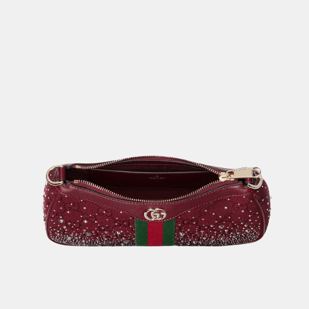 Gucci Ophidia Crystals Small Shoulder Bag In Rosso Ancora Red GG Canvas - DIVA ONLINE STORE