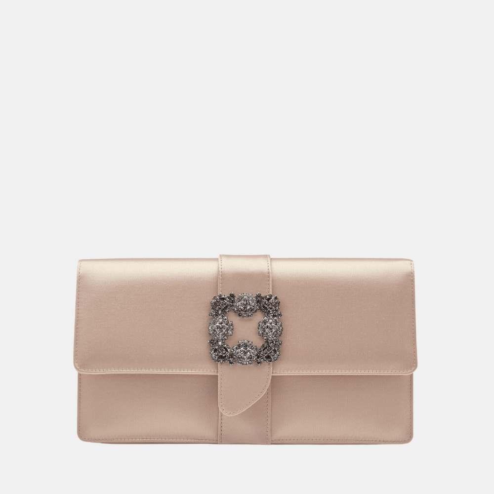 Manolo Blahnik Capri Beige Satin Jewel Buckle Clutch - DIVA ONLINE STORE