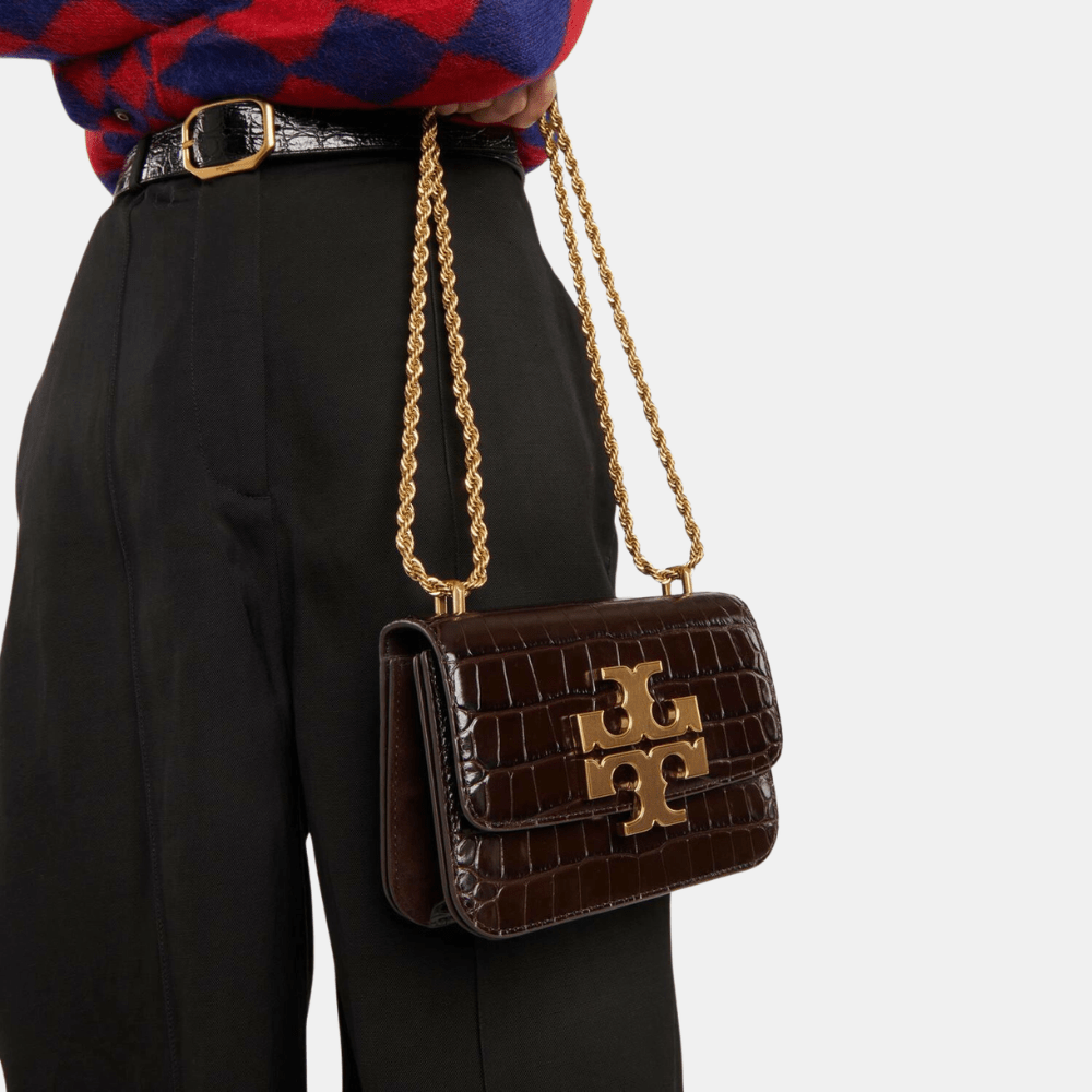 Tory Burch Eleanor Croc - Embossed Shoulder Bag (Dark Mahogany) - DIVA ONLINE STORE