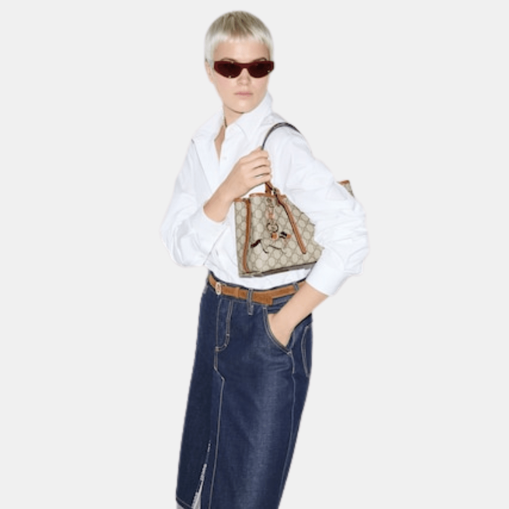 Gucci GG Emblem Medium Tote Bag In Beige And Dark Brown Fabric - DIVA ONLINE STORE