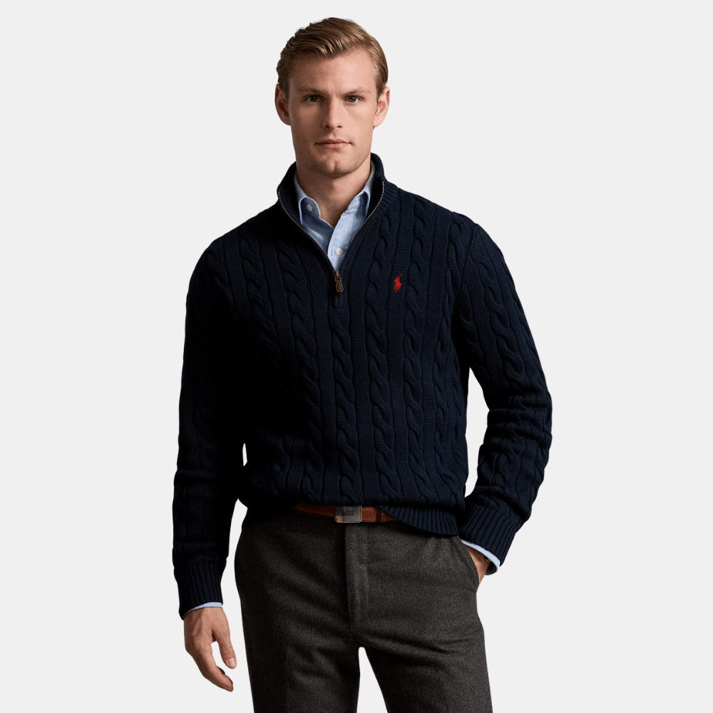 Ralph Lauren Cable - Knit Cotton Quarter - Zip Jumper (Hunter Navy) - DIVA ONLINE STORE