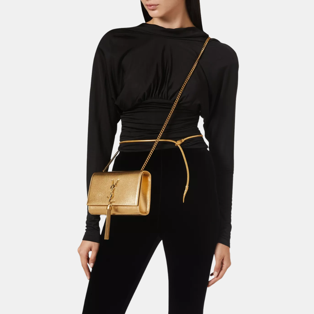 Saint Laurent Kate Small Chain Bag With Tassel In Metallic Leather