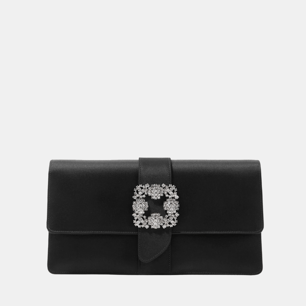 Manolo Blahnik Capri Black Satin Jewel Buckle Clutch - DIVA ONLINE STORE