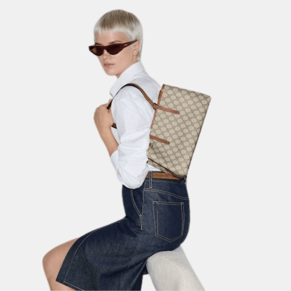 Gucci GG Emblem Medium Tote Bag In Beige And Dark Brown Fabric - DIVA ONLINE STORE