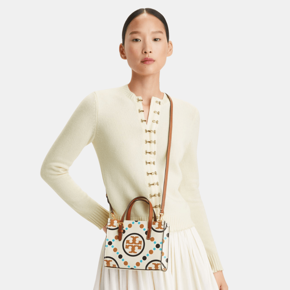 Tory Burch Mini T Monogram Contrast Embossed Square Tote (New Ivory) - DIVA ONLINE STORE