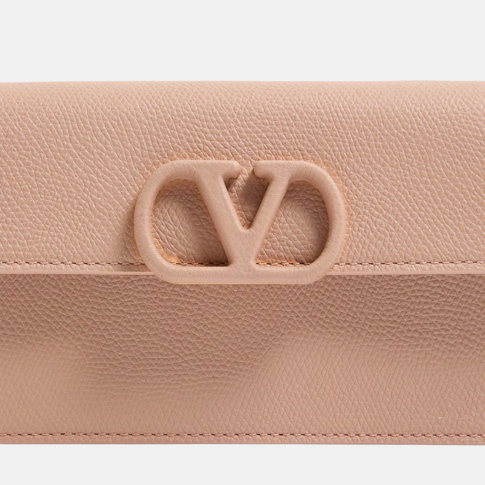 Valentino VLogo Signature Grainy Calfskin Wallet With Chain (Rose Cannelle)
