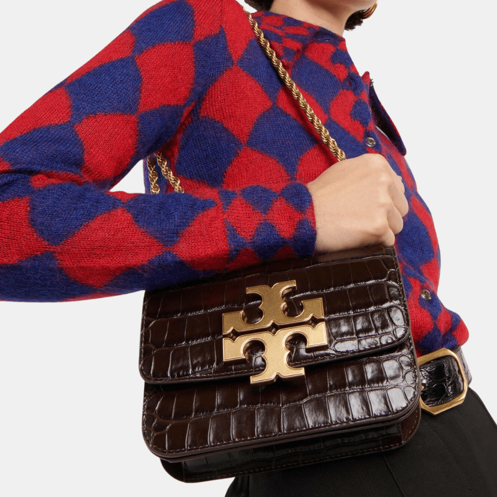 Tory Burch Eleanor Croc - Embossed Shoulder Bag (Dark Mahogany) - DIVA ONLINE STORE