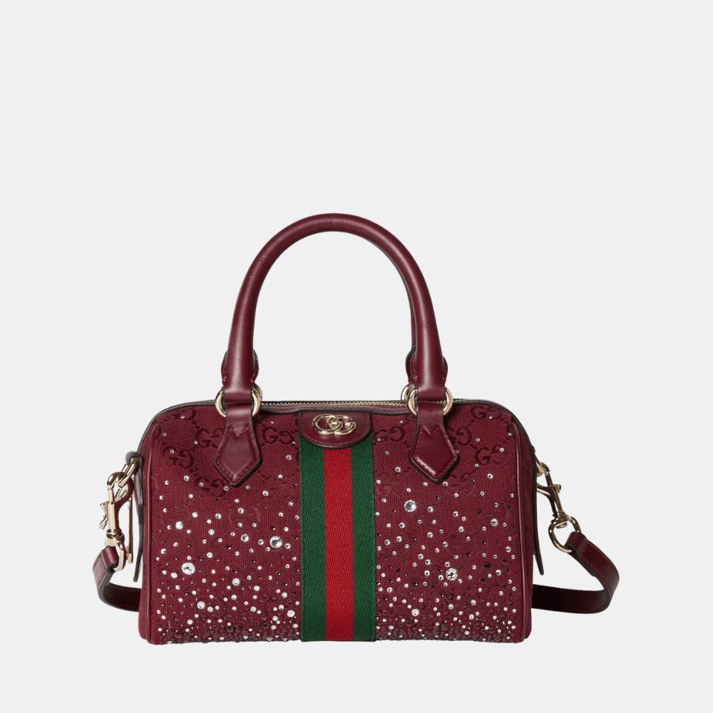 Gucci Ophidia Crystals Small Boston Bag In Rosso Ancora Red GG Canvas - DIVA ONLINE STORE