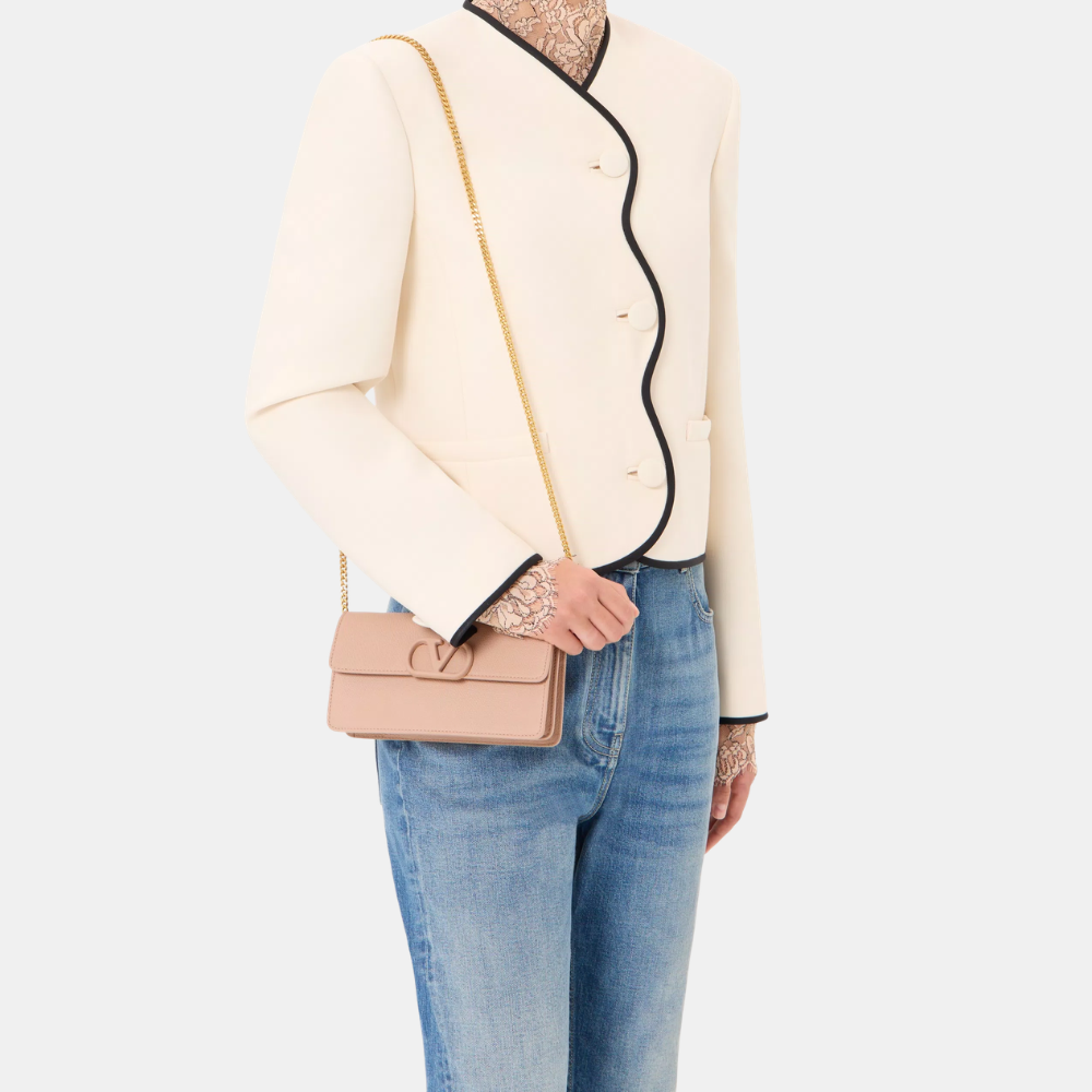 Valentino VLogo Signature Grainy Calfskin Wallet With Chain (Rose Cannelle)