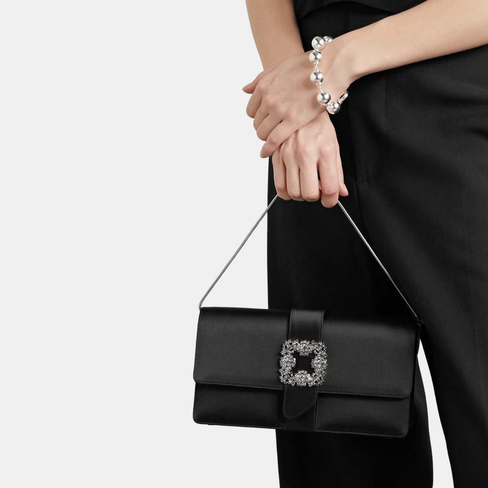 Manolo Blahnik Capri Black Satin Jewel Buckle Clutch - DIVA ONLINE STORE