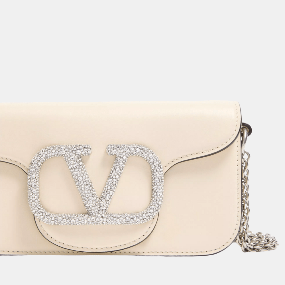 Valentino Garavani Locò Small Shoulder Bag With Jewel Logo (Ivory) - DIVA ONLINE STORE