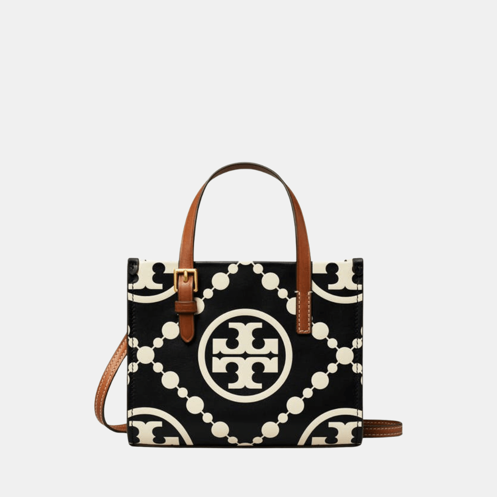 Tory Burch Mini T Monogram Contrast Embossed Square Tote (New Ivory/Black) - DIVA ONLINE STORE