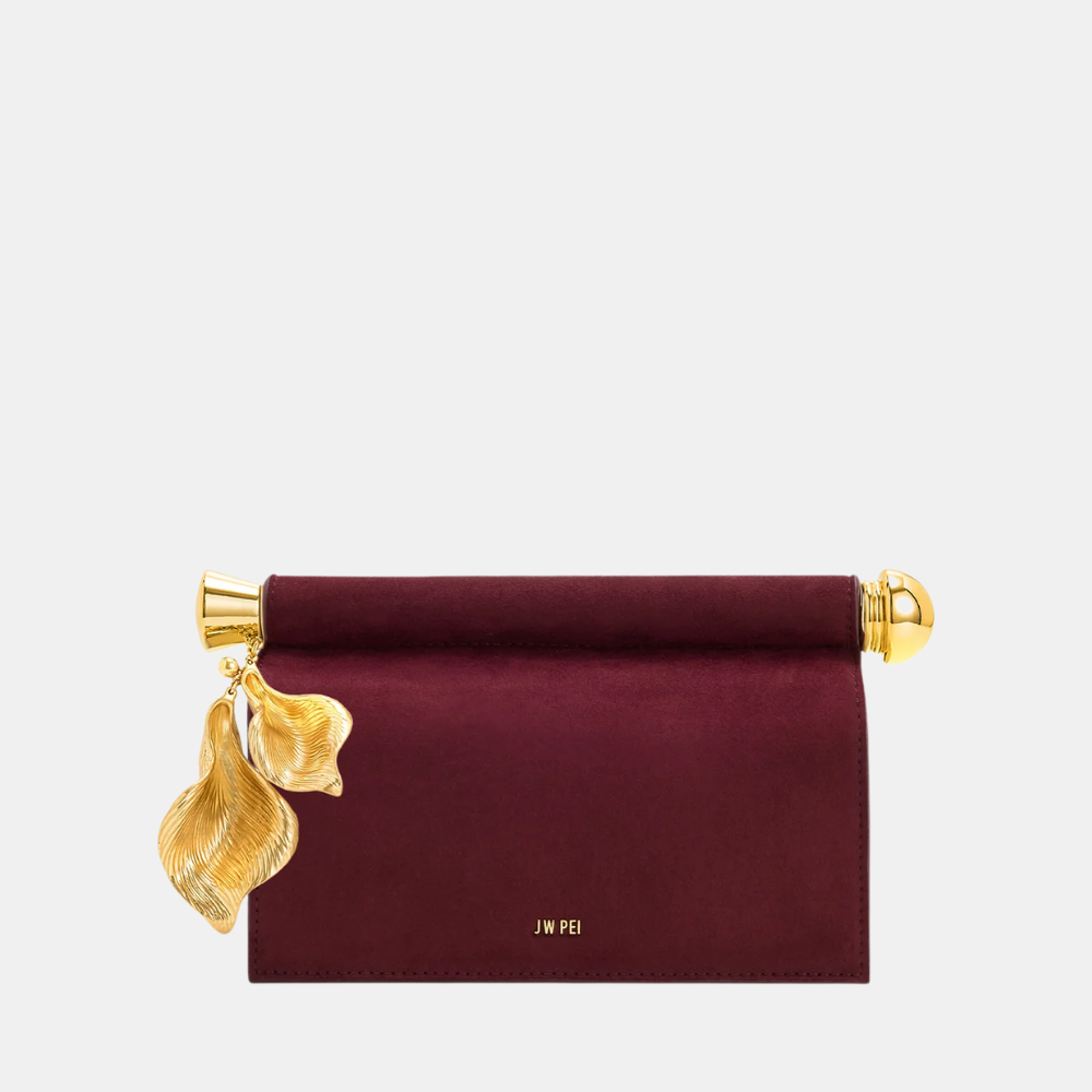 JW Pei Holly Faux Suede Metal Pendant Embellished Clutch (Reddish Brown)